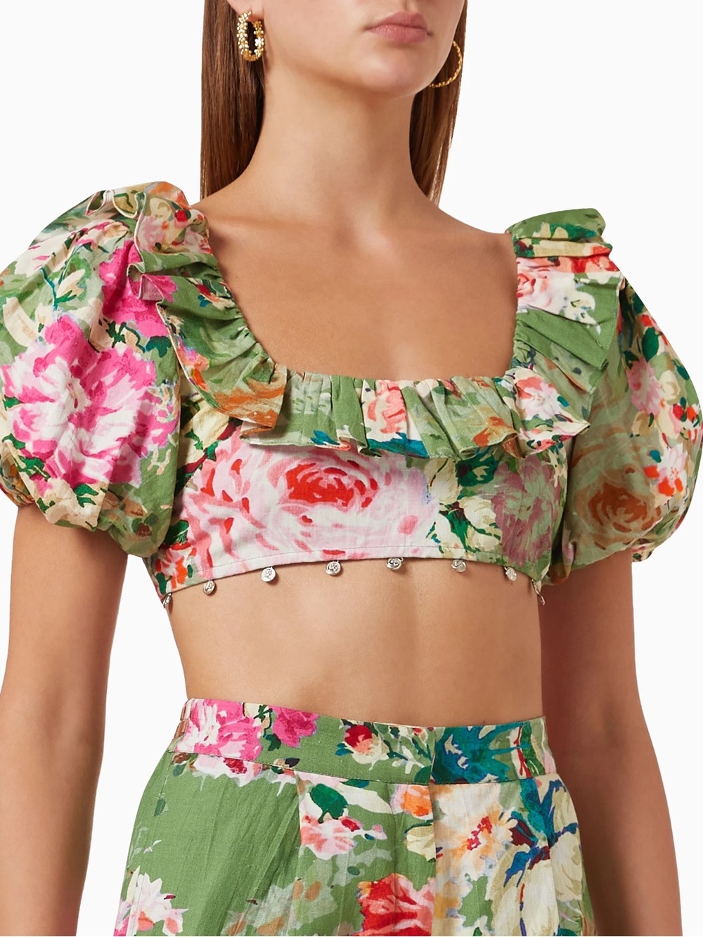 Hemant&Nandita Floral Print Ruffle Crop Top in Cotton-poplin
